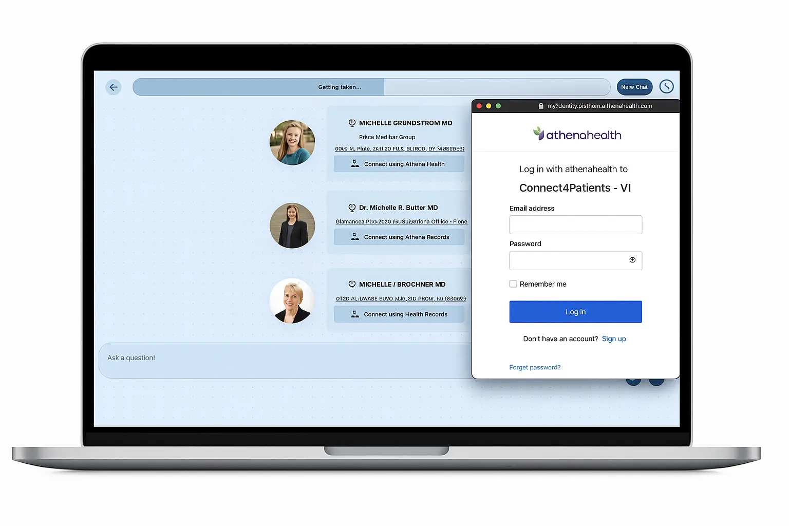 Laptop screen showing Connect4Patients interface with doctor connections and Athena Health login
