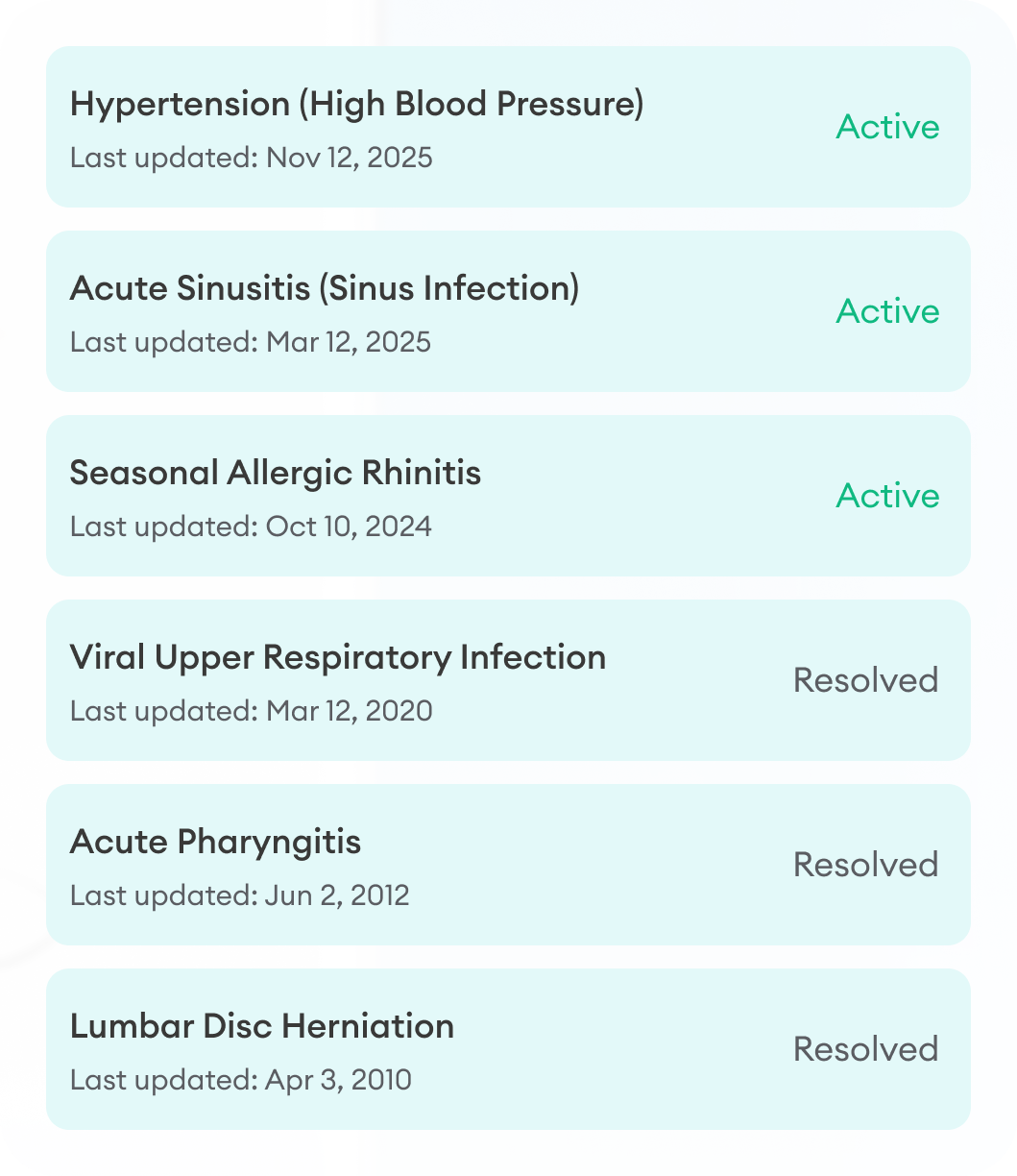 Health conditions list with Active and Resolved status